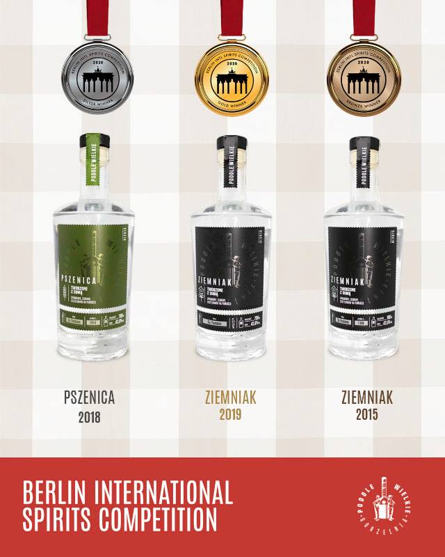 Zdjęcia Okowita Pszenica 2018, Okowita Ziemniak 2019 i Okowita Ziemniak 2015 z przyznanymi im medalami podczas Berlin International Spirits Competition